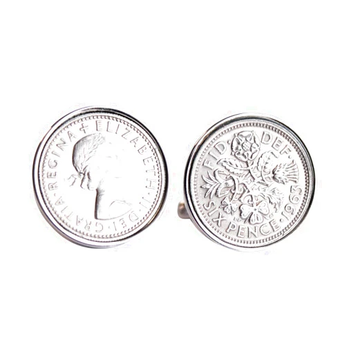 Worldcoincufflinks Rhodium Plated 1963 English Sixpence Cufflinks Birthday/Anniversary