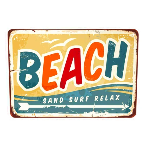 AOYEGO Beach Tin Sign,Wave Bird Fly Ocean Fun Arrow Sand Surf Relax Vintage Metal Tin Signs for Cafes Bars Pubs Shop Wall Decorative Funny Retro Signs for Men Women 8x12 Inch