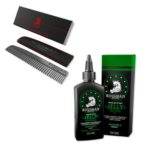 Bossman Men's Grooming Kit: Metal Comb and Beard Oil Jelly
