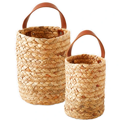 Casafield Set of 2 Water Hyacinth Wall Hanging Baskets with Handles (Small and Large) - Natural, Woven Boho Plant and Flower Storage Pots