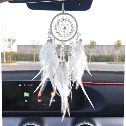 Dxfiuyio Small White Dream Catcher for Car Rearview Mirror Handmade Beaded Feather Dreamcatcher Car Hanging Ornament Home Room Wall Decoration