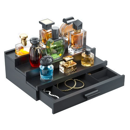 TIRYIUOU Perfume Cologne Organizer for Men: 3 Tier Wooden Perfumes Stand, Desktop Parfum Holder Wood Display Shelf with Cabinet, Bedroom Dresser Makeup Lotion Jewelry Storage Rack with Drawer