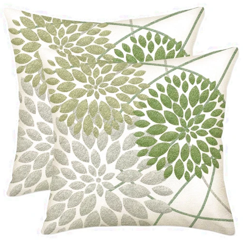 Doitely Sage Green Grey Dahlia Pillow Covers 18x18 Inch Set of 2 Summer Geometric Floral Elegant Green Gray Decor Pillow Case Outdoor Farmhouse Linen Square Cushion Cover Home Decor for Sofa Couch Bed