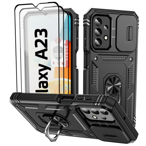 ANOUKE for Galaxy A23-4G/5G Case, for Galaxy A23 Case with 3 Pcs Tempered Glass Screen Protector Built in Ring Stand Kickstand + Camera Cover, Hard PC Soft TPU Defender Full Body Protective Armor Case- Black