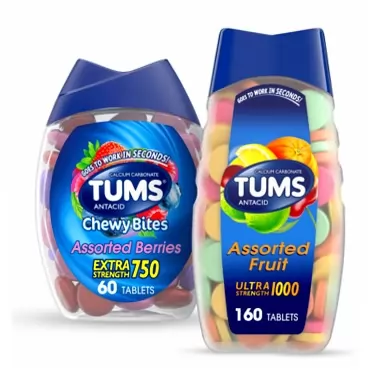 TUMS Antacid Chewable Tablets for Heartburn Relief 160ct, Ultra Strength, Assorted Fruit and TUMS Chewy Bites Assorted Berries Antacid Hard Shell Chews for Heartburn Relief, 60 Count Assorted Fruit + Assorted Berries