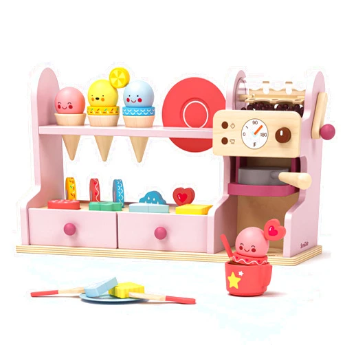 Summidate 42 PCS Wooden Ice Cream Counter Play Set Toy Wooden Toy 3 in 1 Coffee Dessert Maker Toy Playet,Pretend Play Food Kitchen Accessories,Montessori Shape Sorter Toy for Girl and Boy