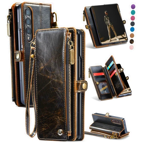Defencase Wallet Case Compatible with Samsung Galaxy Z Fold 3 with RFID Blocking Card Holder & S Pen Holder Slot PU Leather Magnetic Snap Flip Zipper Strap Phone Case Fit for Galaxy Z Fold 3, Coffee