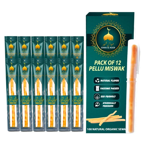 SEWAK AL NOOR Pack of 12 Miswak Sticks for Teeth with Holder - Natural Toothbrush for Teeth Whitening, Oral Health & Fresh Breath - Vacuum Sealed Organic Flavored Chew Sticks for Humans || Pack of 12