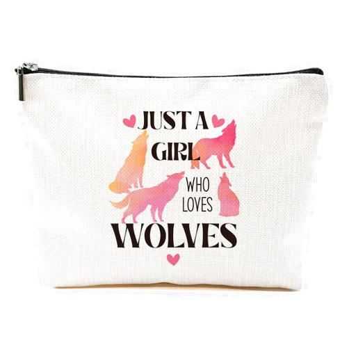 Blue Leaves Wolves Makeup Bag Wolf Gifts for Women Girls Wolf Lover Gift Cute Wolf Stuff Merch Animal Lover Breeder Funny Birthday Christmas Gift for Daughter Cousin Sister Bestie BFF Just A Girl Who Loves Wolves