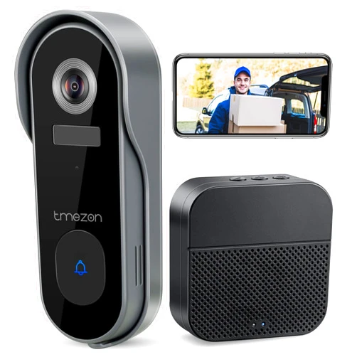 TMEZON Doorbell Camera Wireless, Smart Video Doorbell with Chime for Home Security, 2K Night Vision, PIR Motion Detection, Battery Powered, 2.4ghz WiFi