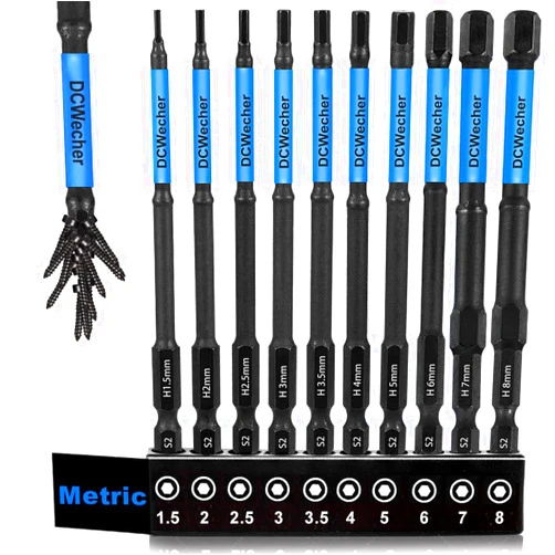 DCWecher 10-PCS 4-IN Long Allen Key/Allen Wrench Drill Bit Set, Impact - Resistant Metric Hex Bits, Premium S2 Steel, 1/4 Hex - Shank, Magnetic Head, for DIY Furniture Assembly & Car Repairs, by DCWecher