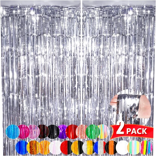 NUWDHP Silver Metallic Tinsel Foil Fringe Curtains, 2 Pack 3.3x8.3 Feet Party Streamer Curtains for Birthday Party Decorations, Halloween Decor, Foil Curtain Backdrop for Bachelorette Party