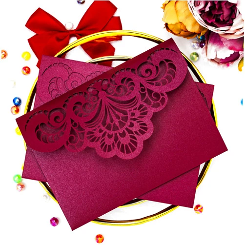 Builcker 20 Pcs Laser Cutting Burgundy Invitation Card Greeting Card Graduation Party Wedding Birthday Party Invitations Invitation Pocket With Envelope (Burgundy)