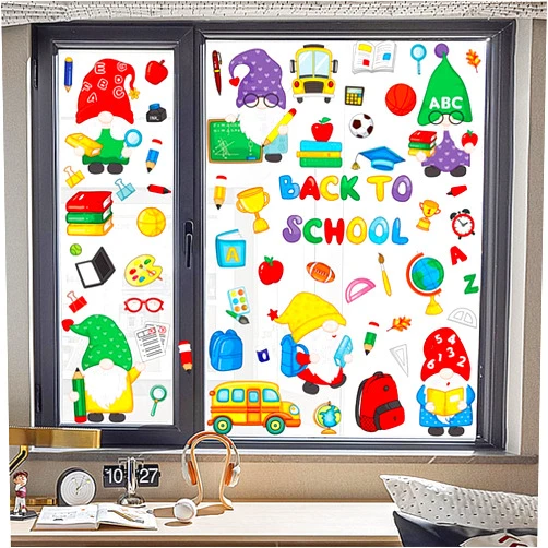 Doneace 9 Sheets Back to School Window Clings Stickers Gnome Books School Bus Watercolor Double-Sided Window Stickers Reusable Static Window Stickers School Day Welcome Back to School Classroom Decorations