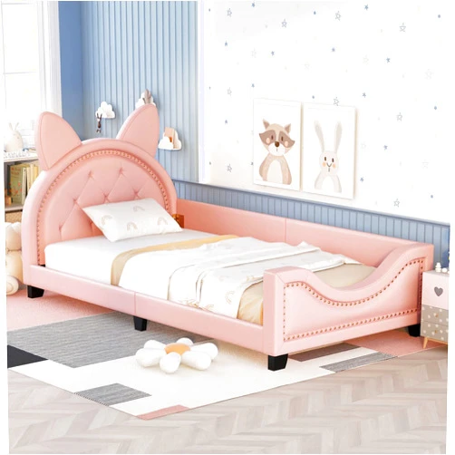 CNANXU Twin Size Upholstered Daybed with Bunny Ears/Mouse Ears Headboard, Bed Frames for Boys,Girls,Teens, Platform Bed for Bedroom,Mattress Base,No Box Spring Needed (Bunny Ears Pink)