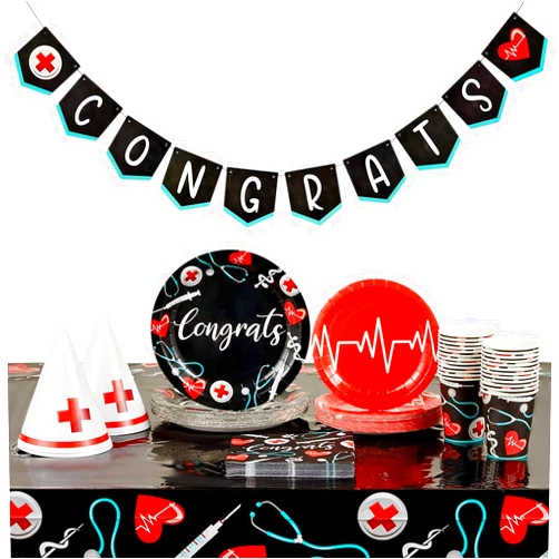 Sparkle and Bash Nurse Graduation Decorations and Party Supplies Set, Serves 24 and Includes Plates, Napkins, Cups, Tablecloths, Hats, and Congrats Banner