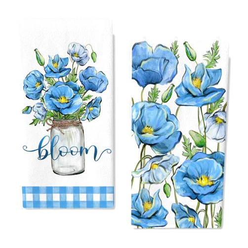 Seliem Spring Summer Floral Flower Kitchen Dish Towels Set of 2, Bloom Blue Poppy Mason Jar Hand Towels Drying Baking Cooking Cloth, Plaid Check Farmhouse Seasonal Home Kitchen Decor 18x26 Inch