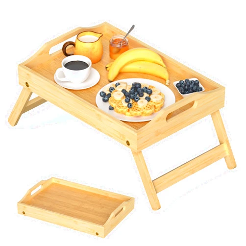 Mayyol Breakfast Bed Tray for Eating - Foldable Food Laptop Table - Portable Bamboo Raised Serving Tray - Snack Platter with Folding Legs, Eating for Bedroom, Picnic, Sofa - Natural