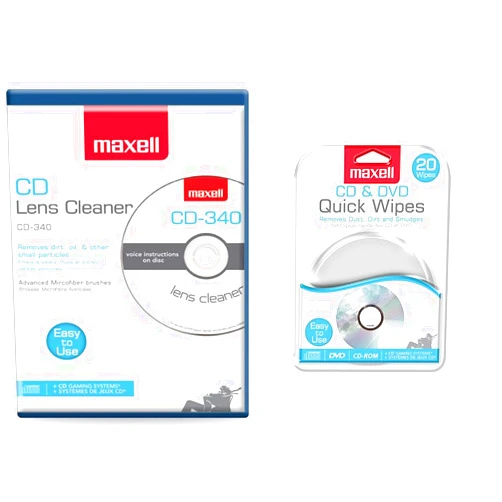 Maxell CD/DVD Cleaning Bundle - Pro 190048 CD-340 Laser Lens Cleaner + 190511 CD & DVD Quick Wipes (20 Count)