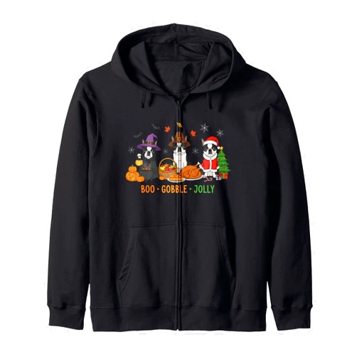 Boston Terrier Land - Funny Boston Terrier Shop Boo Gobble Jolly Boston Terrier Halloween Christmas Zip Hoodie