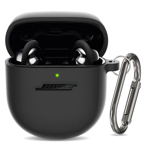 AIBEAMER Silicone Case for Bose QuietComfort Earbuds II Case (2022) & New Bose QuietComfort Ultra Case (2023), Shockproof Protective Bose QuietComfort Earbuds 2 Case Cover for Man Women with Keychain (Black)