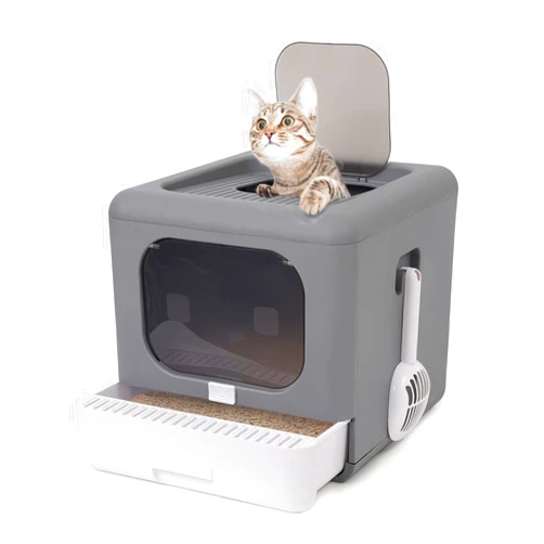 Siairo Foldable Enclosed Cat Litter Box, Cat Potty with Front Door & Top Entry, Pull-Out Drawer Type, Cat Toilet with Lid, Easy Cleaning and Anti-Splashing Cat Litter Tray with Plastic Scoop (Grey)