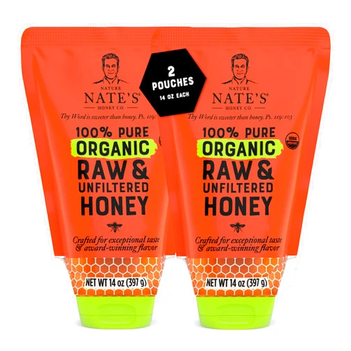 Nature Nate's 100% Pure USDA Organic Raw & Unfiltered Honey, Two 14 oz. No-Drip Sustainable Squeeze Pouches; Purity Guarantee, No Additives