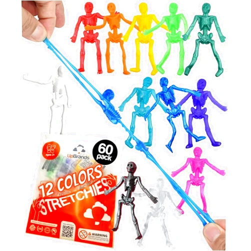 UpBrands 60-Pack Stretchy Skeleton Toys - 12 Vibrant Colors, Bulk Halloween Party Favors, Sensory & Educational Fun for Kids
