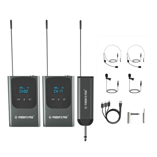 Phenyx Pro Dual Digital Wireless Microphone System, Portable Mini Receiver, 2x15 UHF Frequencies, 2 Bodypack Transmitters, Headset/Lapel Microphone for Singing, Karaoke (PDP-2-2B)