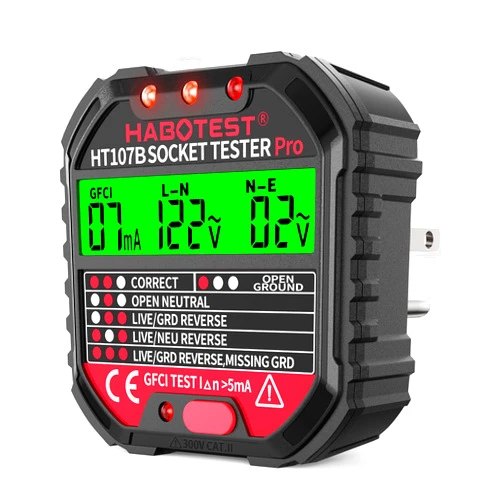 YOJOCK Outlet Tester Electrical GFCI Receptacle Detector with LCD Display, 90-250V Power Socket Tester, Circuit Polarity Voltage Detector, Plug Tester Breaker Finder 6 Visual Indication CAT II 300V (US Plug)