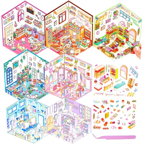 IGetooy 7 Sets 3D Sticker Scene, DIY 3D House Stickers for Kids, Cute Stickers for Laptop, Water Bottle, Phone, Make Your Own Scene Sticker for Adults & Kids Relief Stress Pass The Time