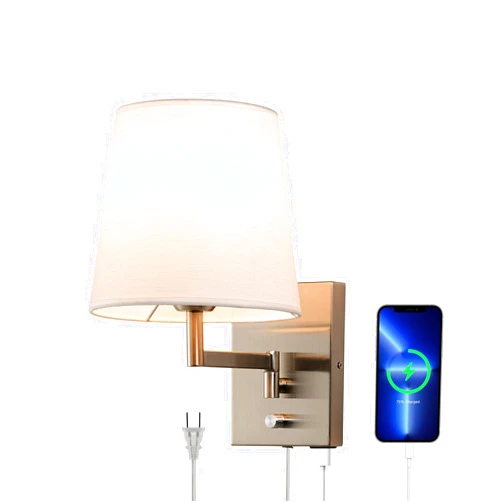 HELVAK Plug in Wall Light,Swing Arm Wall Sconces with Dimmable and USB Port, Wall Lights for Bedroom with White Fabric Linen Shade for Bedside Living Room Hallway, Nickel Finish