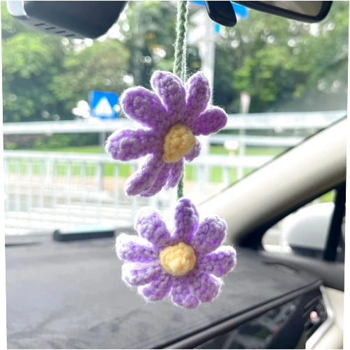 FLYEEGO Cute Crochet Flower Car Accessories for Women Rear View Mirror Accessories Handmade Knitted Daisy Car Decor Car Accessories Aesthetic Car Mirror Hanging Accessories(Purple)