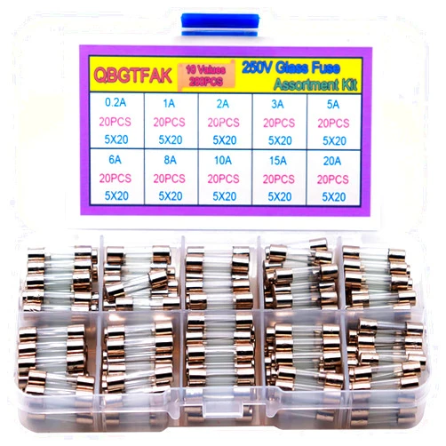Ted Lele 200pcs Quick Blow Glass Tube Fuse Assorted Kit Amp 250V 0.2A, 1A, 2A, 3A, 5A, 6A, 8A, 10A ,15A,20A 5x20mm Ted Lele (5x20mm)