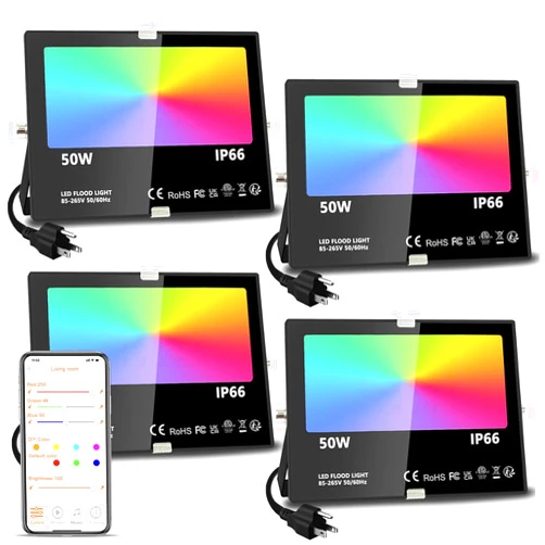 MELPO LED Flood Light Outdoor, 500W Equivalent 5000LM Smart RGB Landscape Lighting with APP Control, DIY Scenes - Timing - Warm White 2700K - Color Changing Uplight, IP66 Waterproof US Plug (4 Pack)