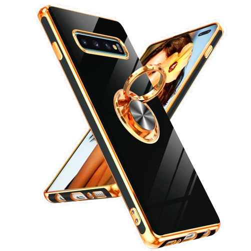 LeYi for Samsung Galaxy S10 Plus Case: 360° Rotatable Ring Holder Magnetic Kickstand [Not Fit S10 ], Plating Rose Gold Edge Protective Samsung Galaxy S10+ Case, Black