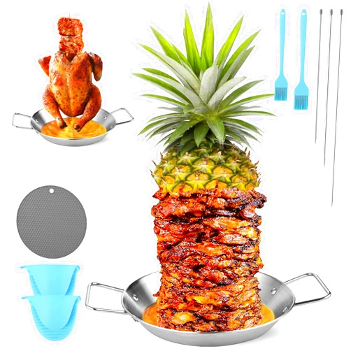 VerdeVilla Al Pastor Skewer for Grill, Stainless Steel Vertical Skewer Pan, Vertical Rotisserie with 3 Removable Barbecue Skewers (8