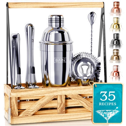BARE BARREL® Mixology Bartender Kit Bar Set | Martini Cocktail Shaker Set | Barware Mixing Tools for Home Bartending | Farmhouse Rustic Portable Caddy & 35 Recipe Cards | Gift Set (Polished Gray)