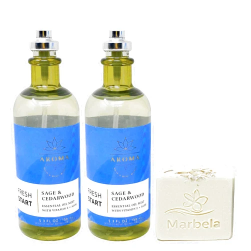 Bath & Body Works Aromatherapy Fresh Start Sage & Cedarwood - 2 Pack of Essential Oil Pillow Mist with a Natural Oats Soap.