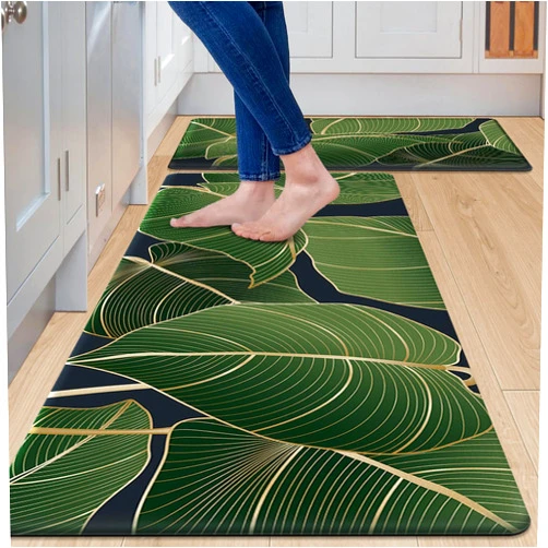 Opulentix Green Kitchen Rugs Non Slip Tropical Cushioned Kitchen Floor Mat Sets of 2, Abstract Exotic Leaves Botanical Banner Plant Waterproof Padded Comfort Standing Kitchen Mats for Floor, Sink, Office House