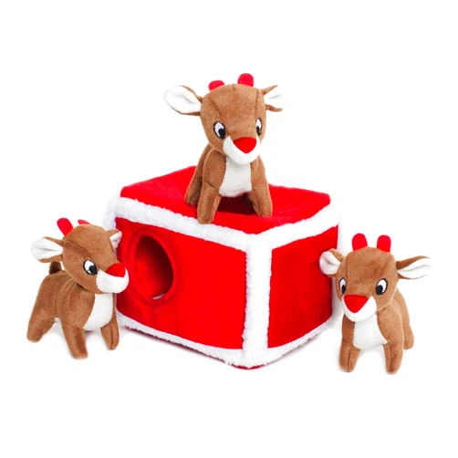 ZippyPaws Holiday Burrow- Interactive Dog & Puppy Toy for Boredom, Stimulating Pet Product to Keep them Busy, Hide & Seek Plush Dog Puzzle, Enrichment Squeaky Toy for Small & Medium Dogs- Reindeer Pen