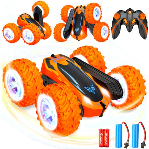 KKONES Remote Control Car, 2.4GHz Electric Race Stunt Car, Double Sided 360° Rolling Rotating Rotation, LED Headlights RC 4WD High Speed Off Road Gift for 3 4 5 6 7 8-12 Year Old Boy Toys (Orange)