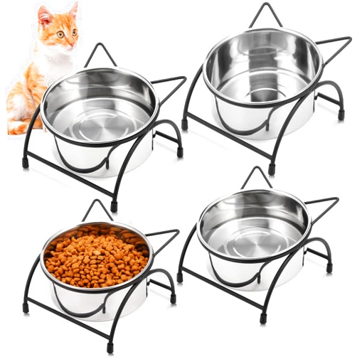 Dansydaisy 4 Set Raised Cat Bowls Elevated Stainless Steel Cat Bowls 4.7 Inch Tilted 15° Raised Cat Water Bowl with Metal Stand Reduce Neck Burden for Cats Indoor Outdoor