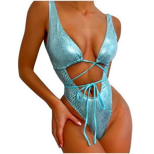 XUNRYAN 2024 One Piece Swimsuit Womens Bodysuit Snakeskin Sexy Sequin Shiny Bathing Suit Festival Dance Clothing Rave Outfit