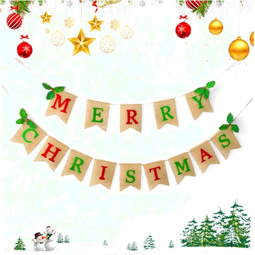 DecorSea 10ft Merry Christmas Burlap Banner DecorSea Natural Burlap Christmas Decorations Banner with Holly Leaves Christmas Bunting Garland for Xmas Party Home Fireplace Indoor Outdoor Holiday Decor