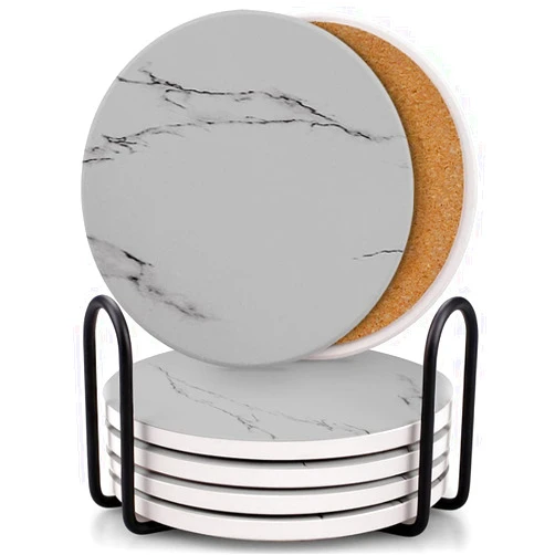 Comsmart Coasters for Drinks, Absorbent Ceramic Stone Coasters Set with Metal Holder Stand, Cork Base, Marble Surface Pattern, Cups Place Mats for Home Decor, Set of 6 - Gray