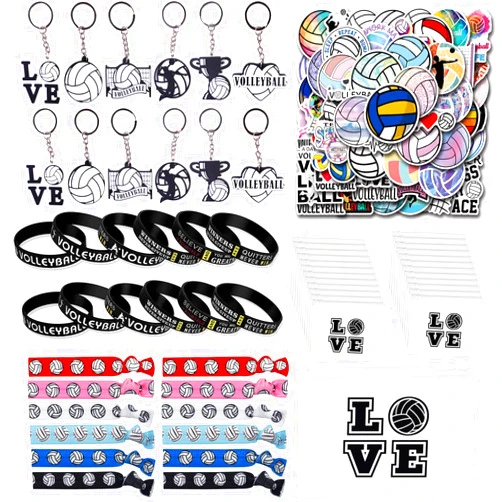 Anprola 103 PCS Volleyball Party Favors Sports Gifts Includes Volleyball Keychain Silicone Wristbands Hair Ties Goodie Bags and Stickers for Teen Girls Volleyball Theme Party Supplies Decorations
