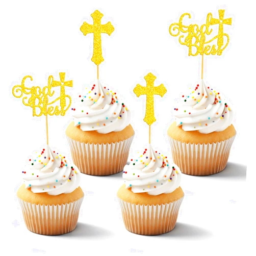 KAZIPA 24Pcs God Bless and Baptism Cupcake Toppers Glitter Cross God Bless Cupcake Picks for Christian First Communion Baptism Party Cake Decorations Supplies (Gold)