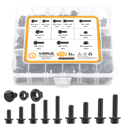 VIGRUE 155PCS M6-1.0 M8-1.25 Flanged Hex Bolts, M6 x 12/16/20/25/30mm and M8 x 16/20/25/30mm Flange Hexagon Screws Bolts Nuts 10.9 Alloy Steel Black Zinc Plated Full UNC Thread