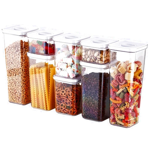 Neoflam Kitchen Pantry Airtight Smart Seal Dry Food Storage with Lid, Modular, Stackable, Square, Clear Canister for Cereal, Sugar, Flour, Snack, Coffee, Pasta Container (8 Set, White Lid)